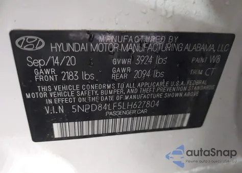 2020 Hyundai Elantra Sel z USA, uszkodzony, nr VIN 5NPD84LF5LH627804